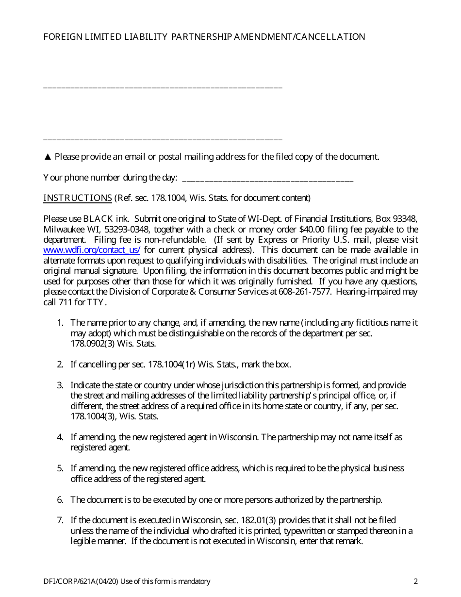 Form DFI / CORP / 621A Foreign Limited Liability Partnership Amendment / Cancellation - Wisconsin, Page 2