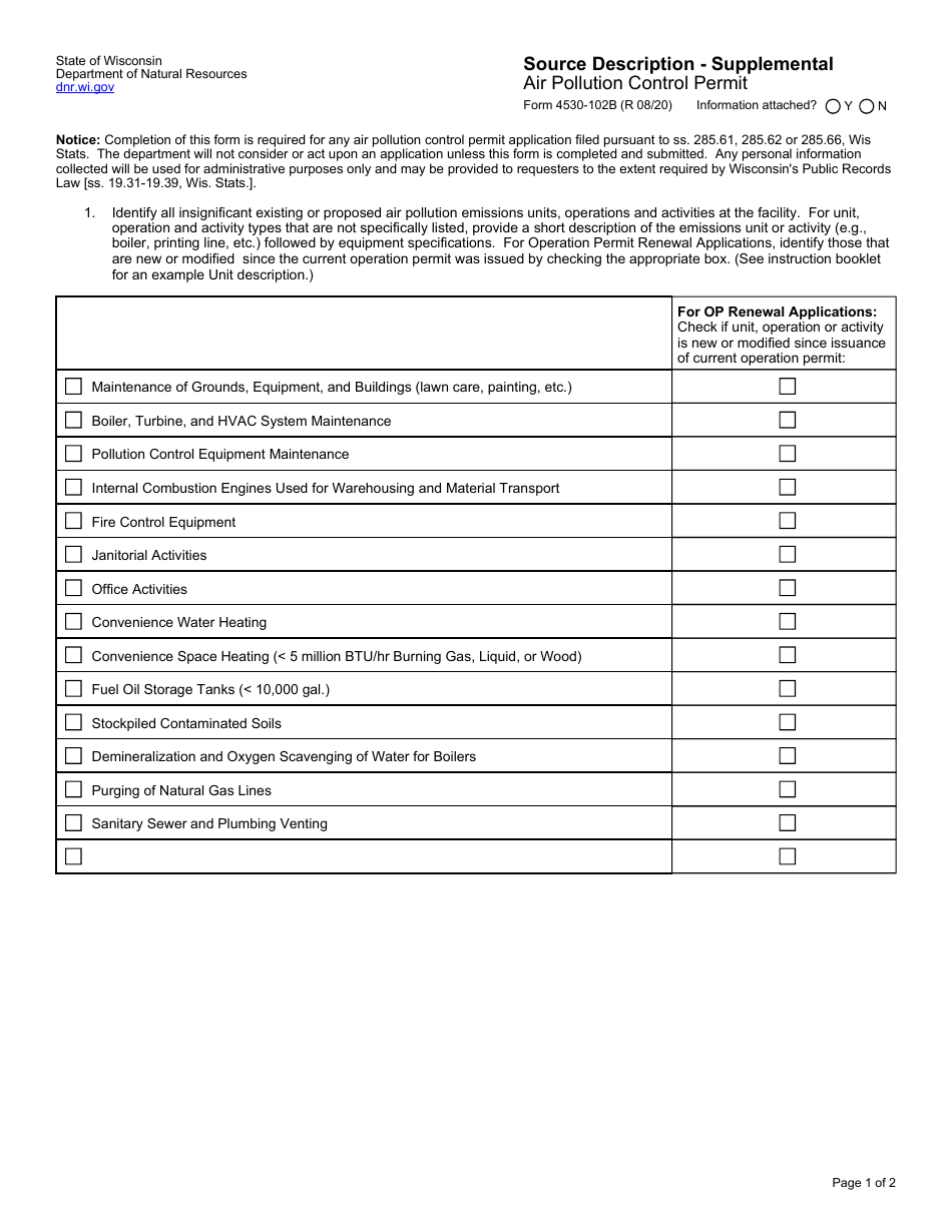 Form 4530-102B Source Description - Supplemental Air Pollution Control Permit - Wisconsin, Page 1