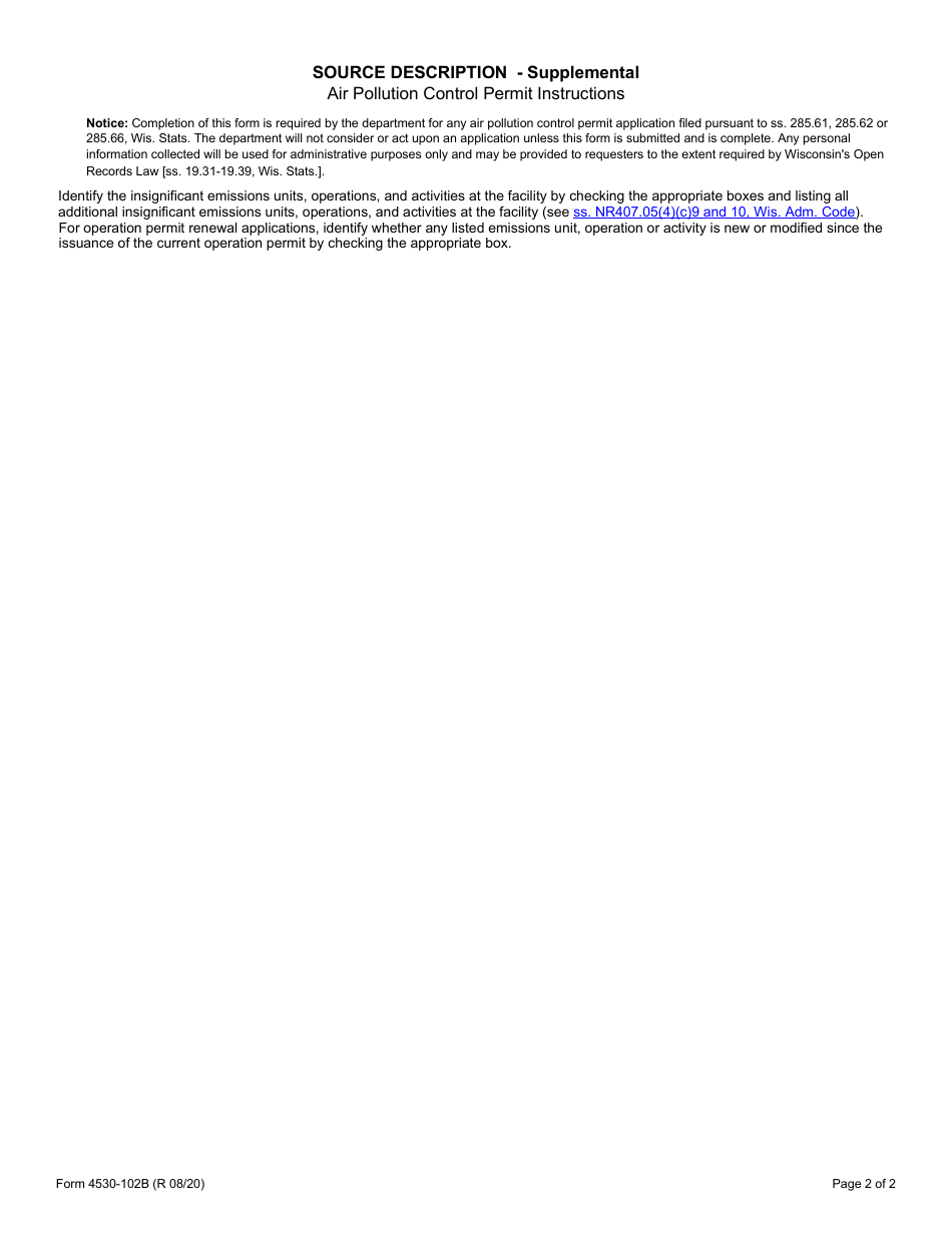 Form 4530-102B Source Description - Supplemental Air Pollution Control Permit - Wisconsin, Page 2