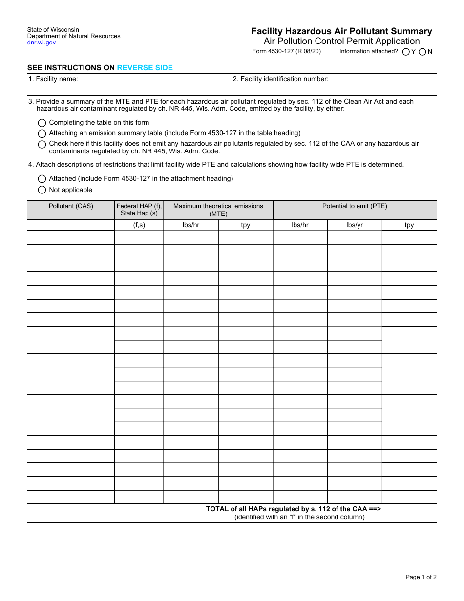 Form 4530-127 Facility Hazardous Air Pollutant Summary - Air Pollution Control Permit Application - Wisconsin, Page 1