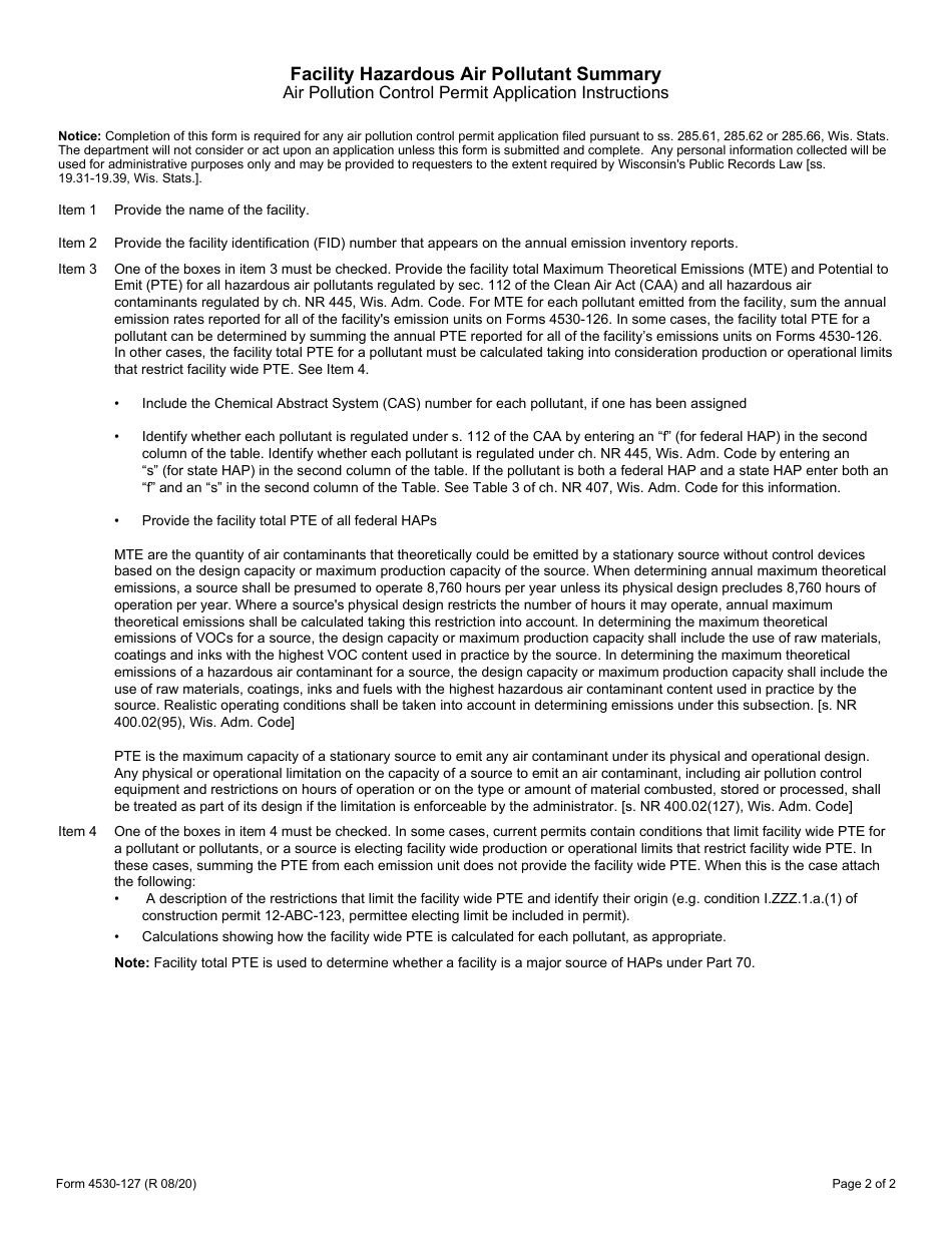 Form 4530-127 Facility Hazardous Air Pollutant Summary - Air Pollution Control Permit Application - Wisconsin, Page 2