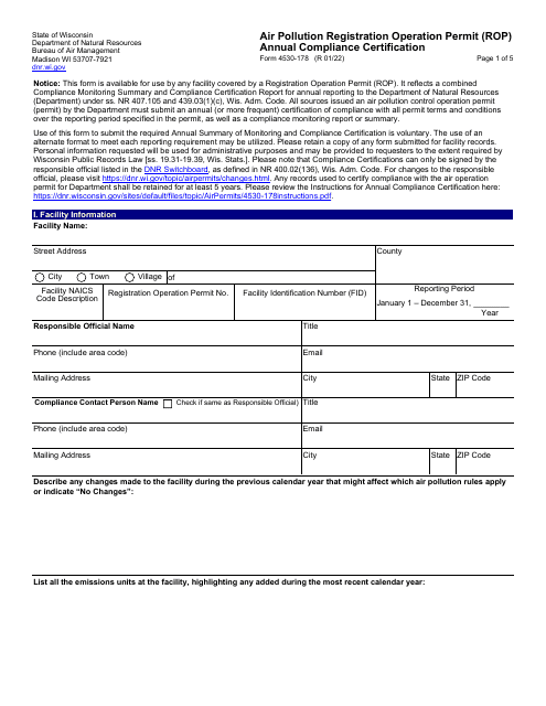 Form 4530-178 Air Pollution Registration Operation Permit (Rop) Annual Compliance Certification - Wisconsin