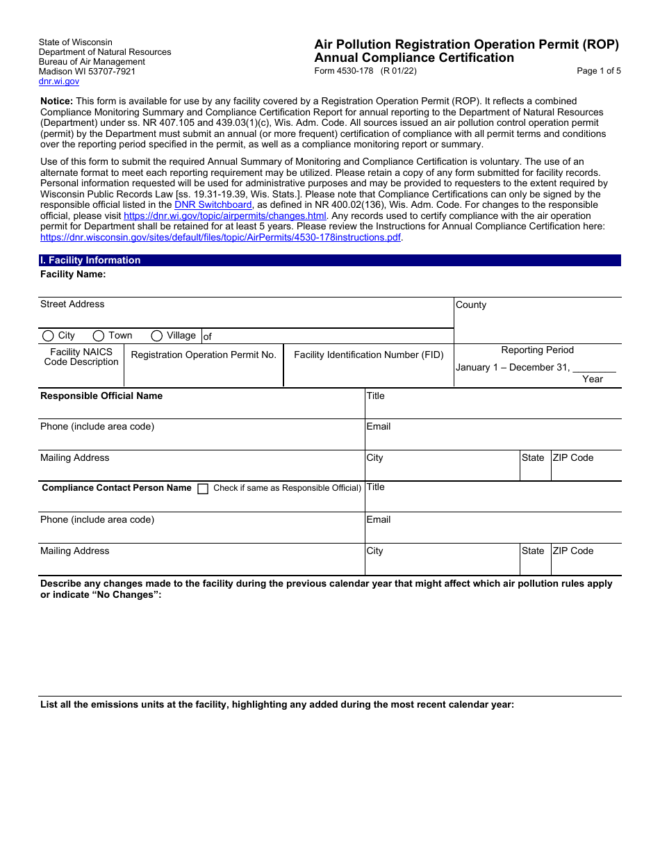 Form 4530-178 Air Pollution Registration Operation Permit (Rop) Annual Compliance Certification - Wisconsin, Page 1