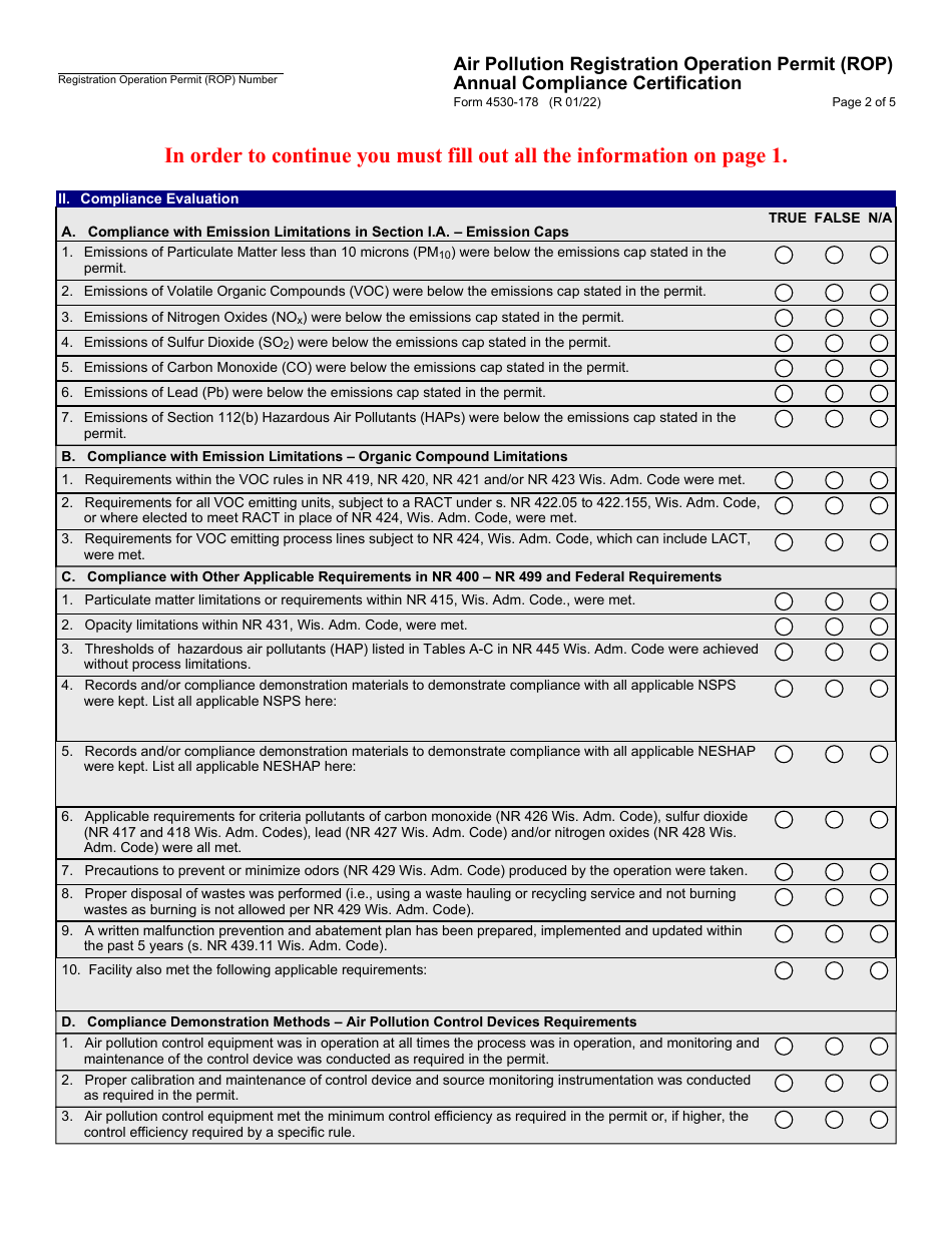 Form 4530-178 Air Pollution Registration Operation Permit (Rop) Annual Compliance Certification - Wisconsin, Page 2