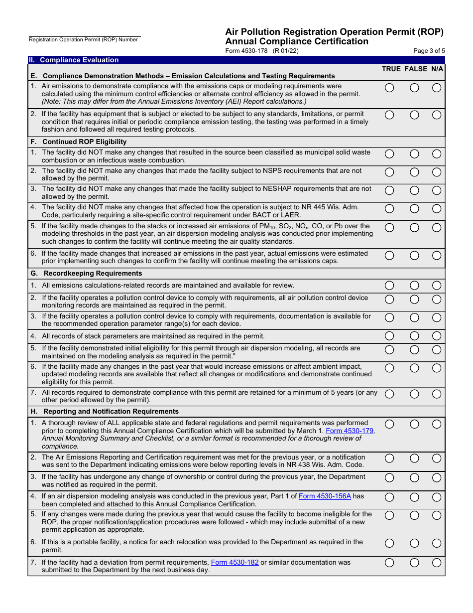 Form 4530-178 Air Pollution Registration Operation Permit (Rop) Annual Compliance Certification - Wisconsin, Page 3