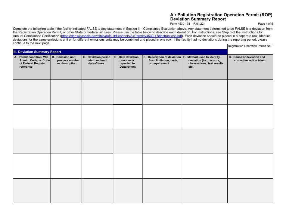 Form 4530-178 Air Pollution Registration Operation Permit (Rop) Annual Compliance Certification - Wisconsin, Page 4