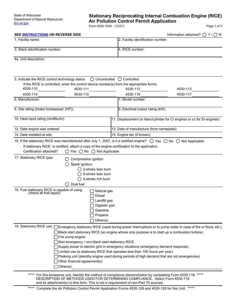 Form 4530-104A Stationary Reciprocating Internal Combustion Engine (Rice) Air Pollution Control Permit Application - Wisconsin, Page 1