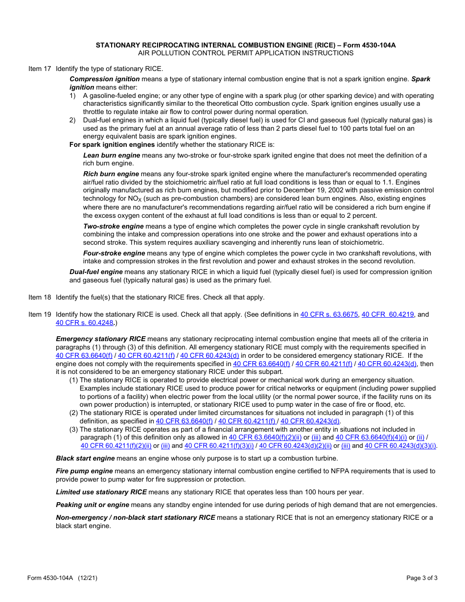 Form 4530-104A Stationary Reciprocating Internal Combustion Engine (Rice) Air Pollution Control Permit Application - Wisconsin, Page 3