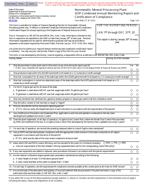 Form 4530-177 Nonmetallic Mineral Processing Plant Gop Combined Annual Monitoring Report and Certification of Compliance - Wisconsin