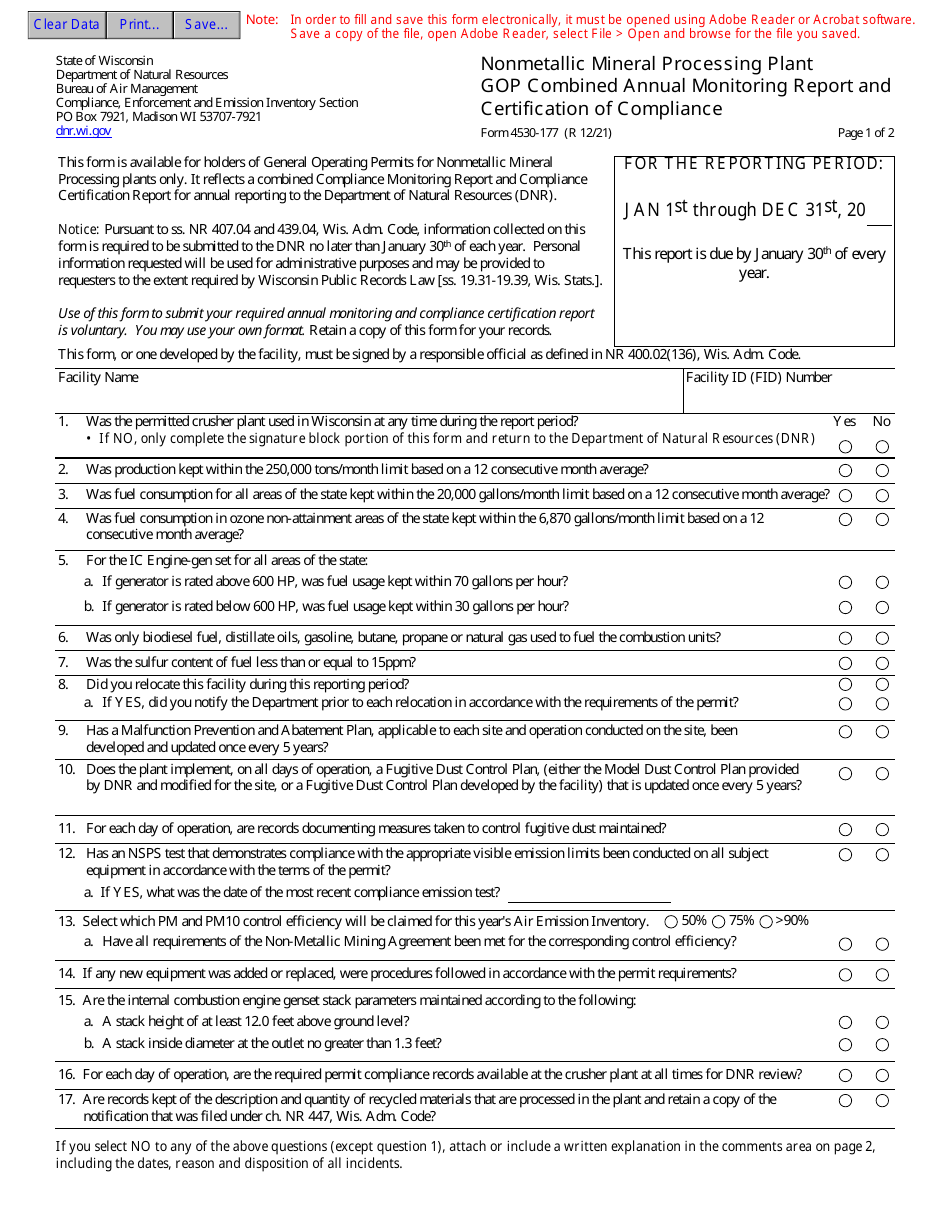 Form 4530-177 Nonmetallic Mineral Processing Plant Gop Combined Annual Monitoring Report and Certification of Compliance - Wisconsin, Page 1