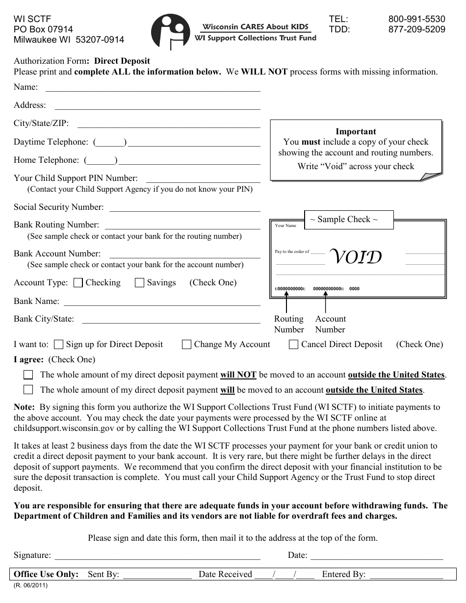 Direct Deposit Authorization Form - Wisconsin, Page 1