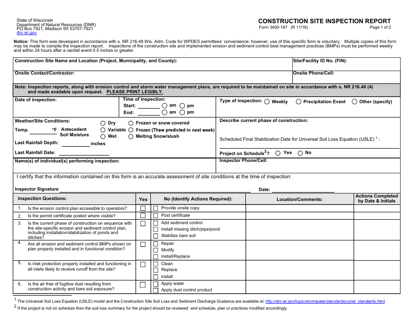 Form 3400-187 Construction Site Inspection Report - Wisconsin