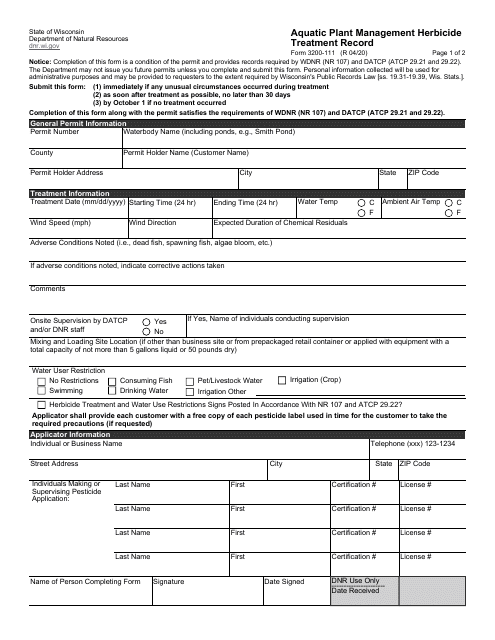 Form 3200-111 Aquatic Plant Management Treatment Record - Wisconsin