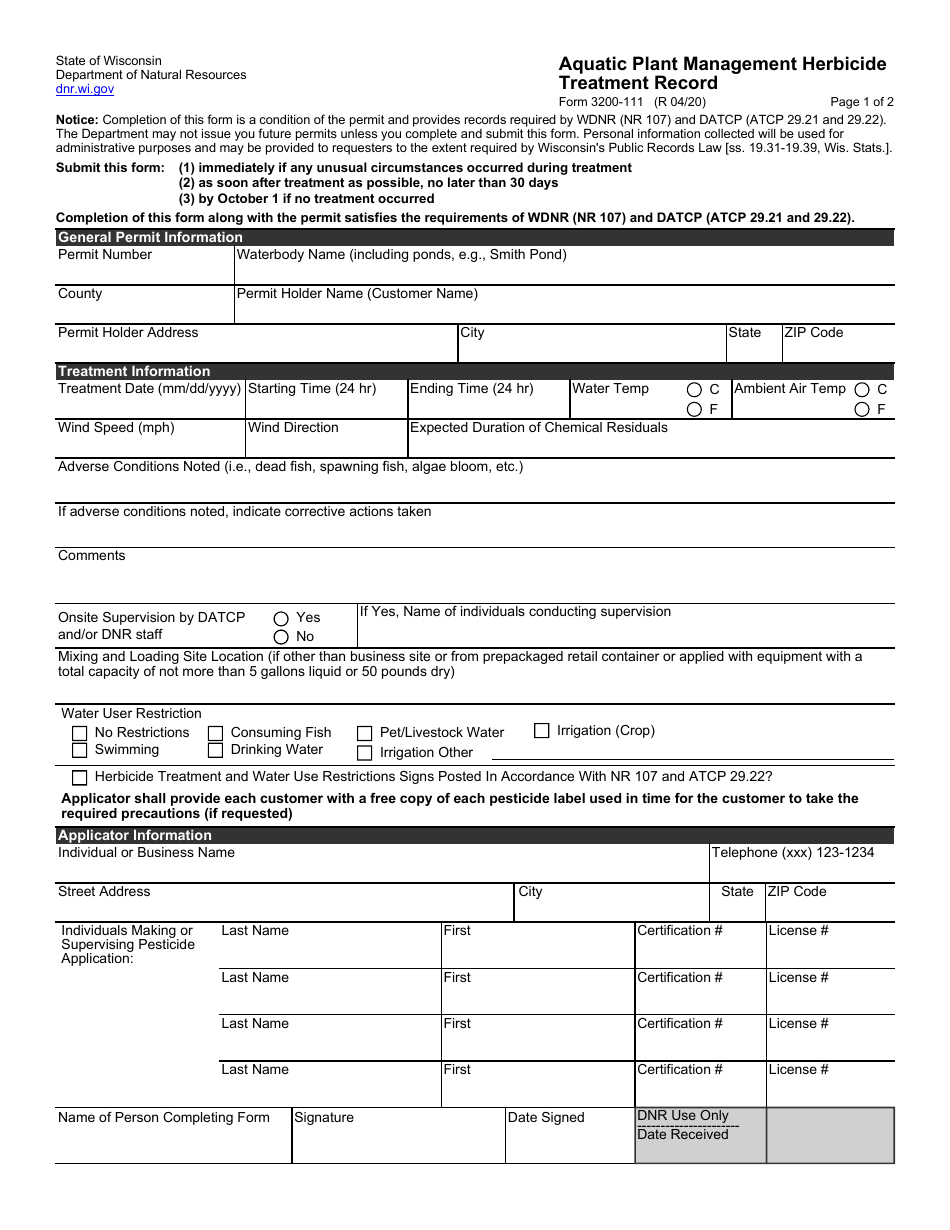 Form 3200-111 Aquatic Plant Management Treatment Record - Wisconsin, Page 1