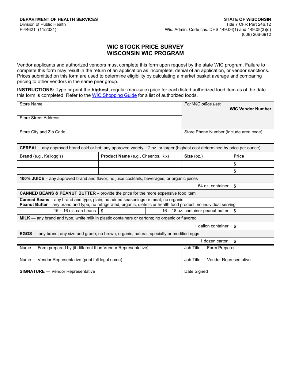 Form F-44621 Wic Stock Price Survey - Wisconsin, Page 1