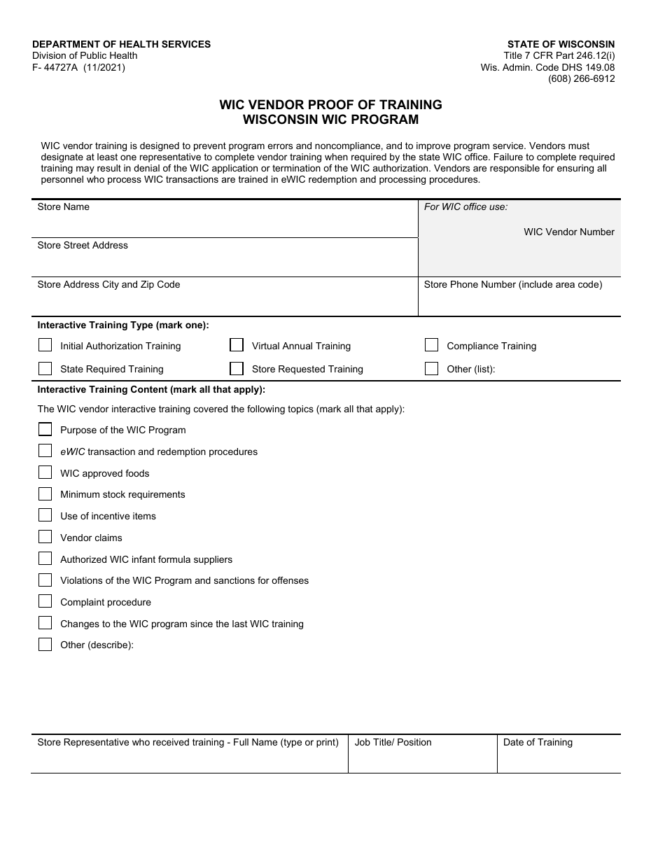 Form F-44727A Wic Vendor Proof of Training - Wisconsin Wic Program - Wisconsin, Page 1