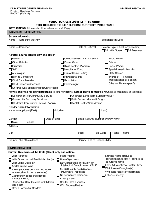 Form F-00367 Functional Eligibility Screen for Children's Long-Term Support Programs - Wisconsin
