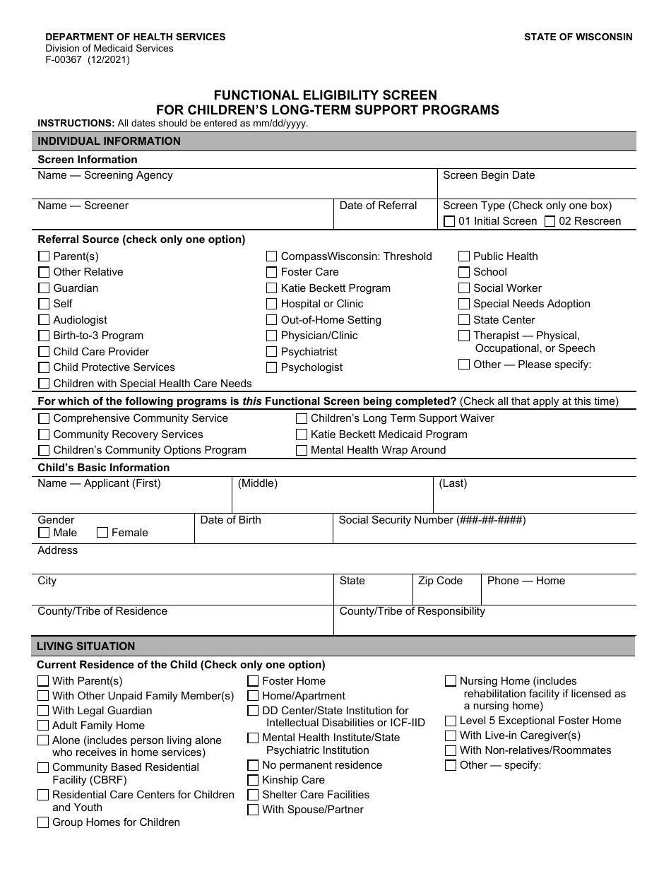 Form F-00367 Functional Eligibility Screen for Childrens Long-Term Support Programs - Wisconsin, Page 1