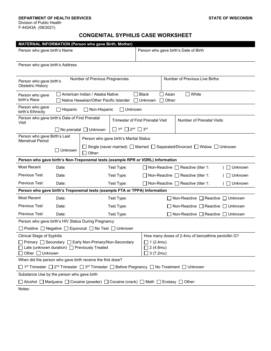Form F-44243A Congenital Syphilis Case Investigation Report - Wisconsin, Page 1