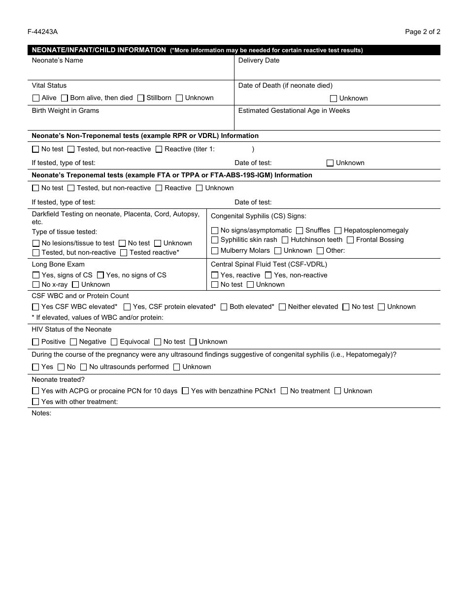 Form F-44243A Congenital Syphilis Case Investigation Report - Wisconsin, Page 2