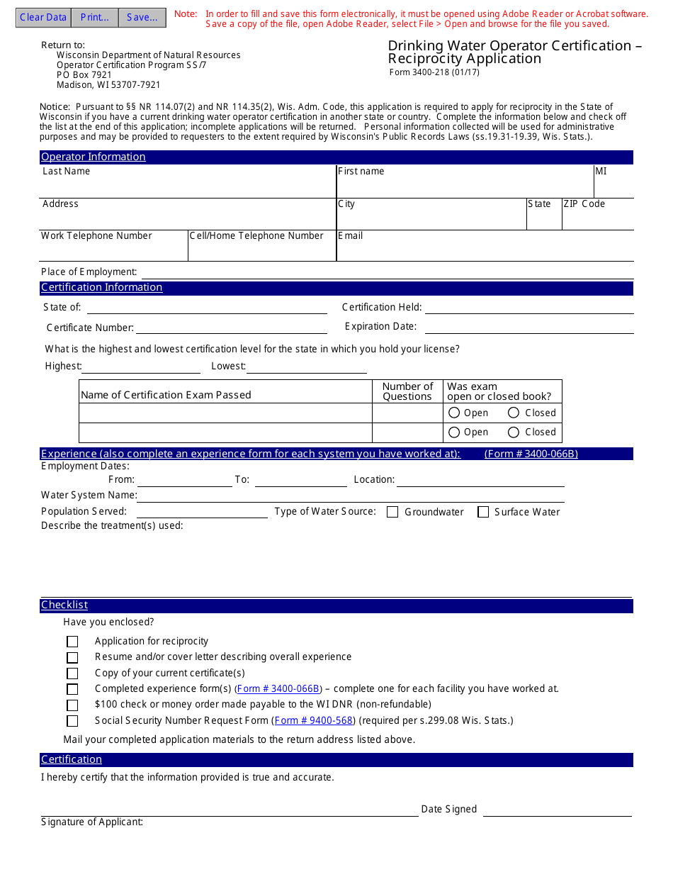 Form 3400-218 Drinking Water Operator Certification - Reciprocity Application - Wisconsin, Page 1