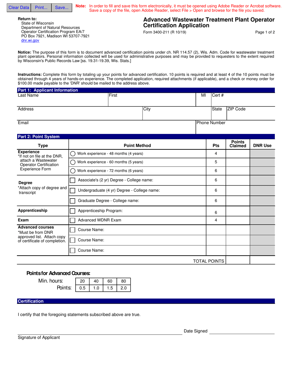 Form 3400-211 Advanced Wastewater Treatment Plant Operator Certification Application - Wisconsin, Page 1