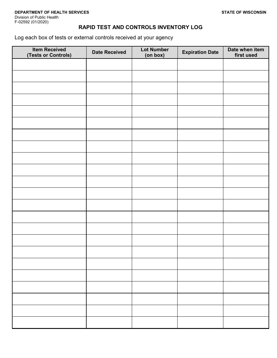 Form F-02592 Rapid Test and Controls Inventory Log - Wisconsin, Page 1