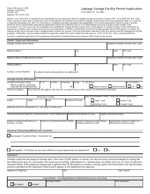 Form 3400-137 Septage Storage Facility Permit Application - Wisconsin