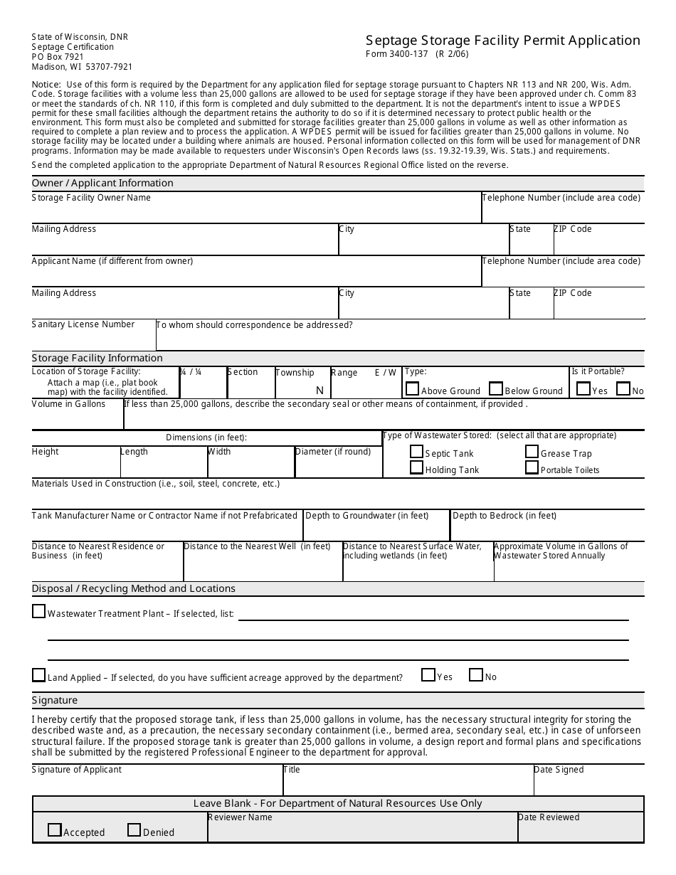 Form 3400-137 Septage Storage Facility Permit Application - Wisconsin, Page 1