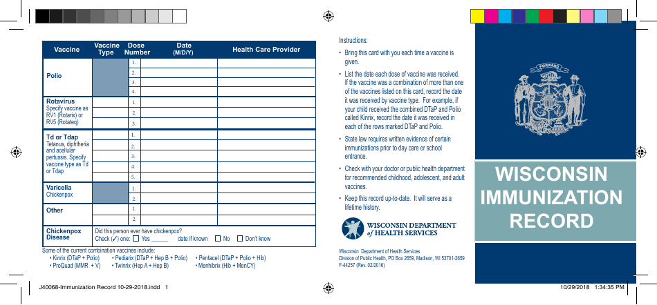 Form F-44257 Wisconsin Immunization Record Card - Wisconsin, Page 1