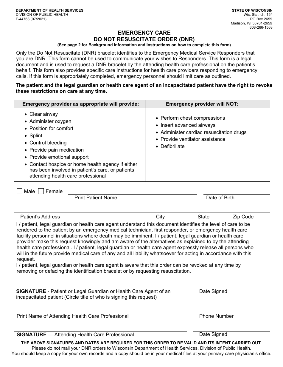 Form F-44763 Emergency Care Do Not Resuscitate Order (DNR) - Wisconsin, Page 1