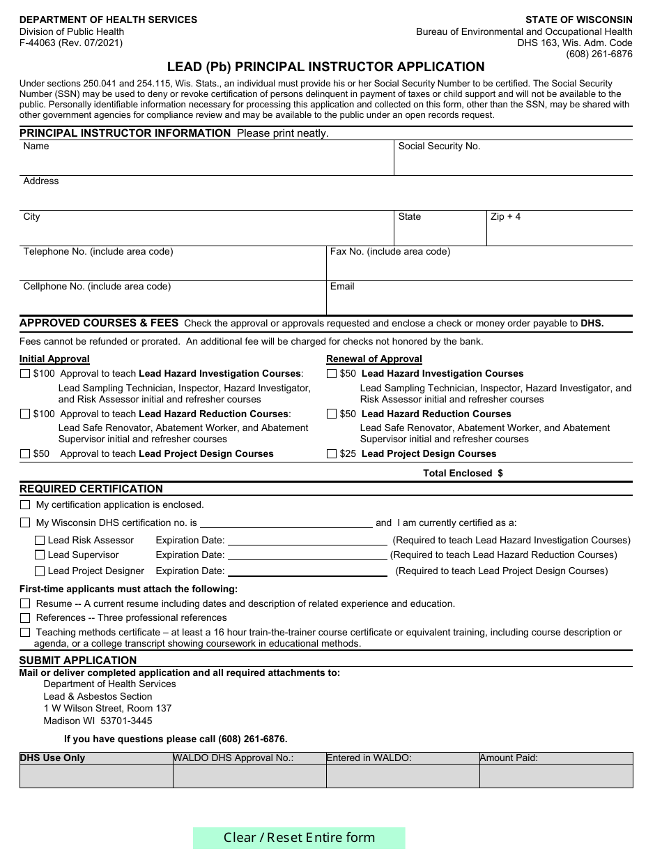 Form F-44063 Lead (Pb) Principal Instructor Application - Wisconsin, Page 1