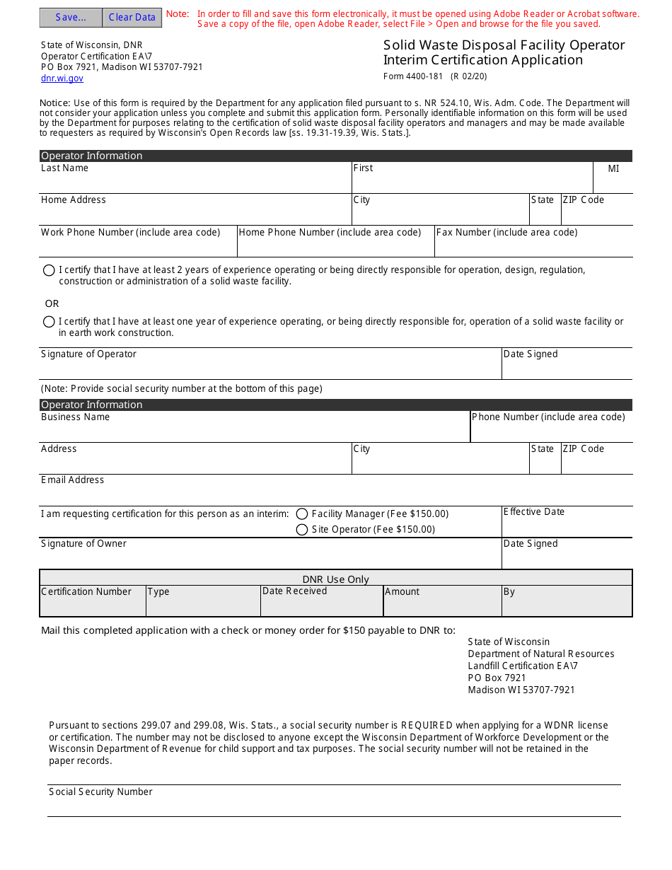 Form 4400-181 Solid Waste Disposal Facility Operator Interim Certification Application - Wisconsin, Page 1