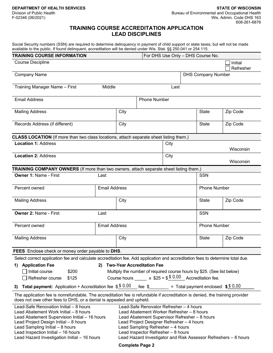 Form F-02346 Training Course Accreditation Application Lead Disciplines - Wisconsin, Page 1