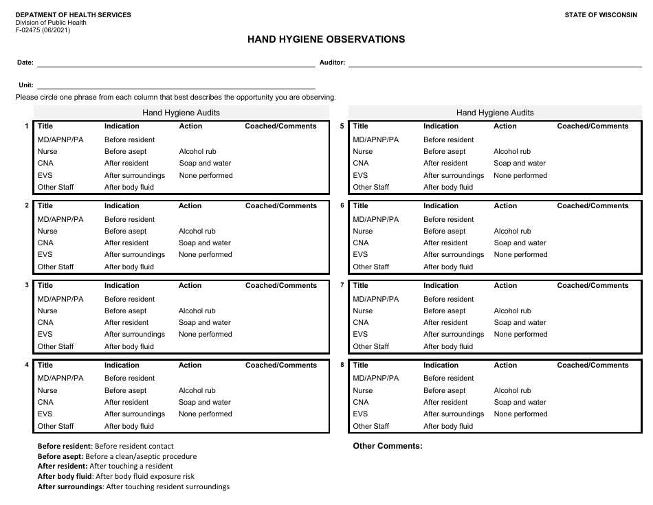 Form F-02475 Hand Hygiene Observations - Wisconsin, Page 1