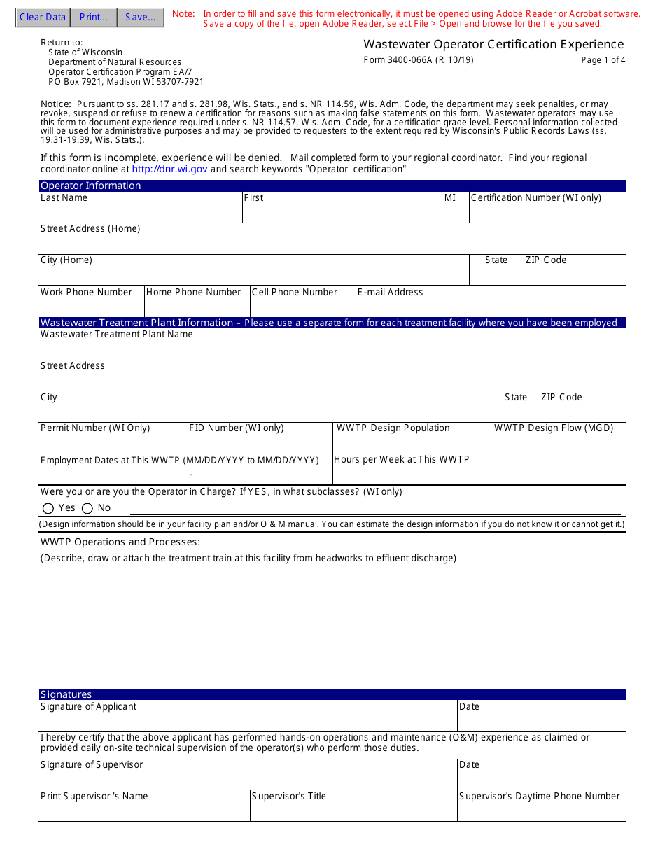 Form 3400-066A Wastewater Operator Certification Experience - Wisconsin, Page 1
