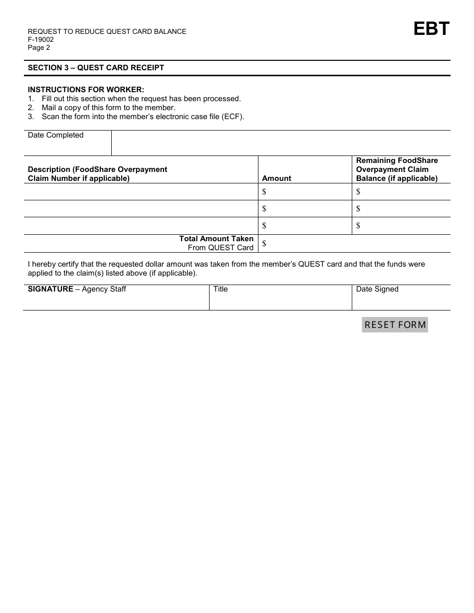 Form F-19002 Request to Reduce Quest Card Balance - Wisconsin, Page 2