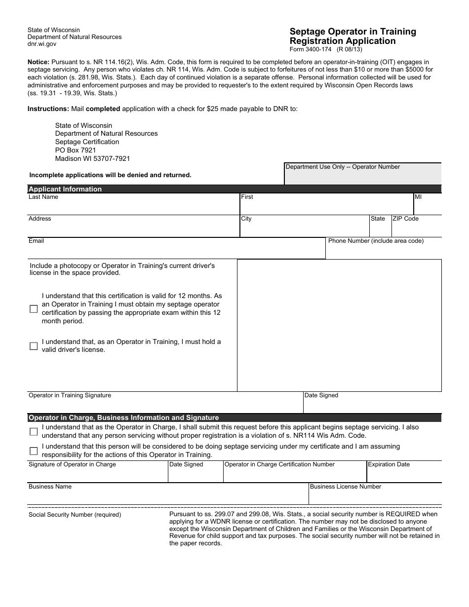 Form 3400-174 Septage Operator in Training Registration Application - Wisconsin, Page 1