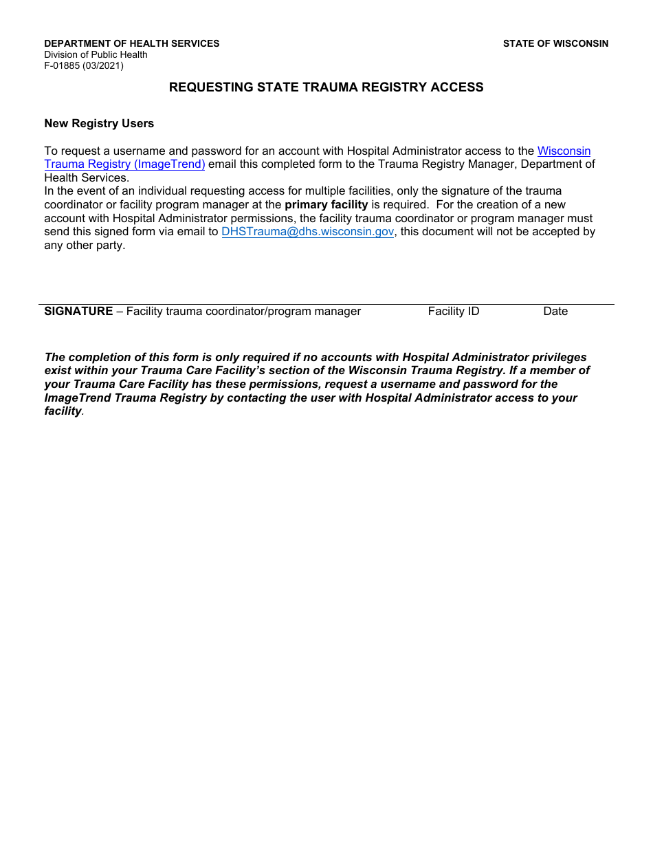 Form F-01885 Requesting State Trauma Registry Access - Wisconsin, Page 1