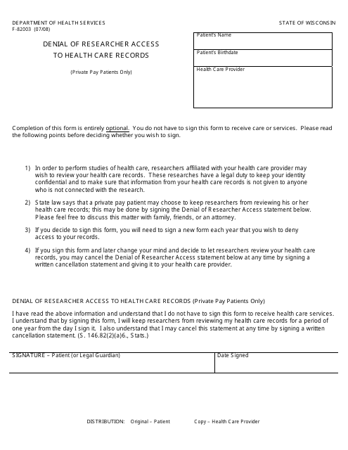 Form F-82003 Denial of Researcher Access to Health Care Records - Wisconsin