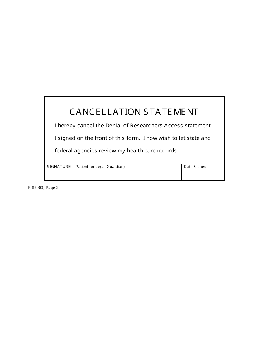 Form F-82003 Denial of Researcher Access to Health Care Records - Wisconsin, Page 2