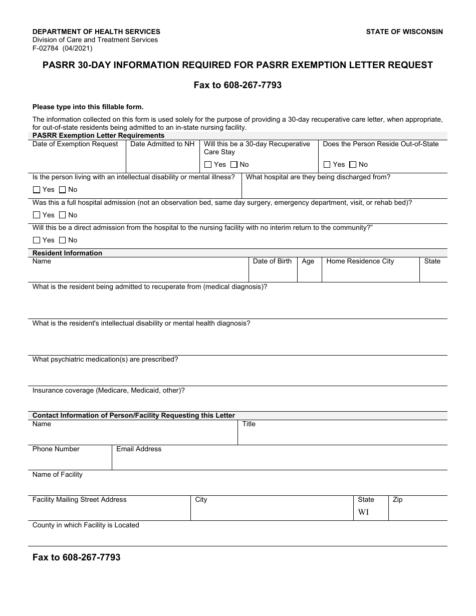 Form F-02784 Pasrr 30-day Information Required for Pasrr Exemption Letter Request - Wisconsin, Page 1