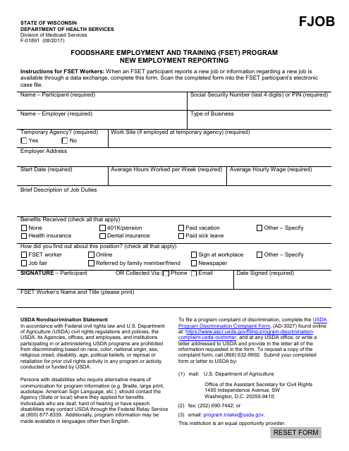 Form F-01891 New Employment Reporting - Foodshare Employment and Training (Fset) Program - Wisconsin