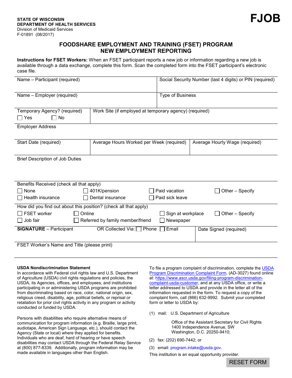 Form F-01891 New Employment Reporting - Foodshare Employment and Training (Fset) Program - Wisconsin, Page 1