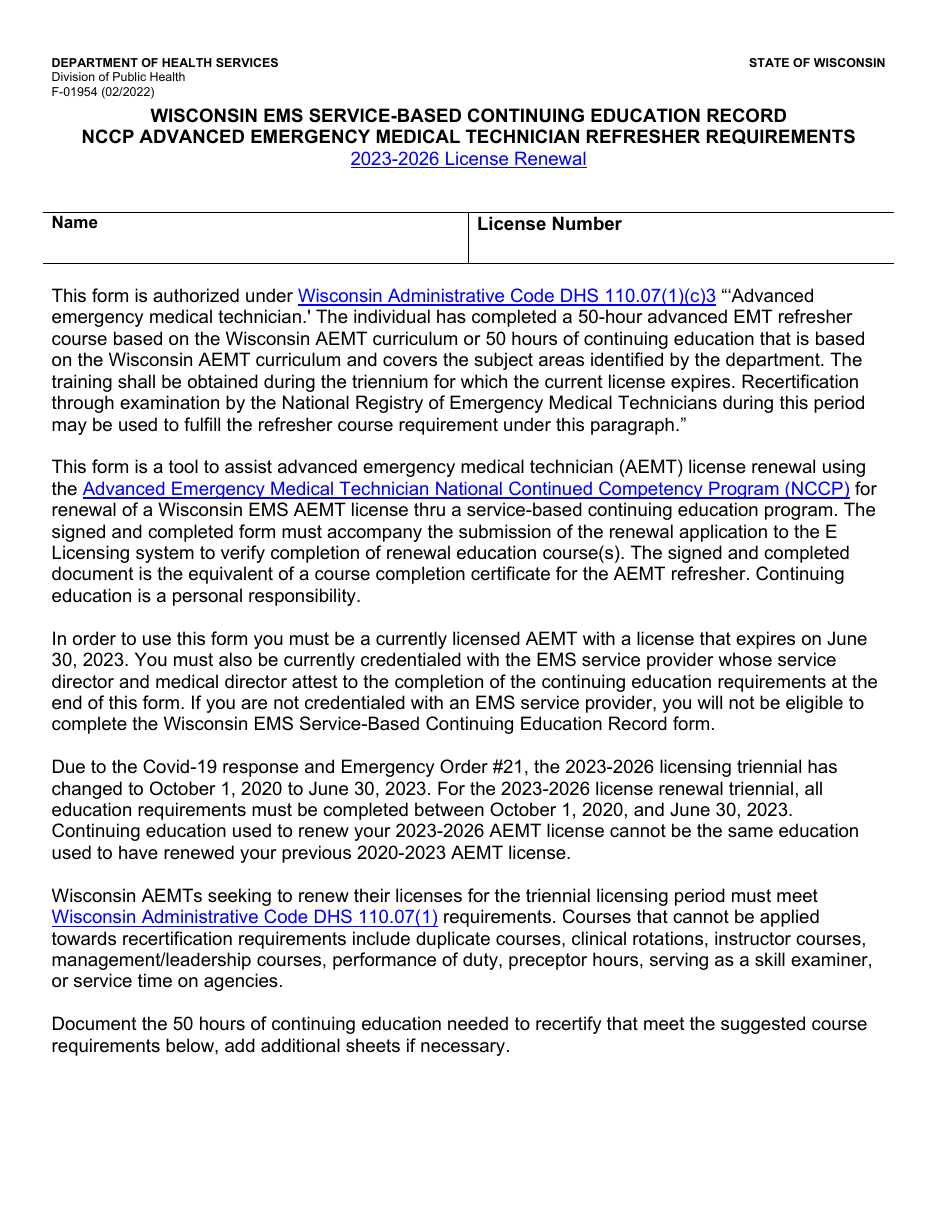 Form F-01954 Wisconsin EMS Training Record Nccp Aemt Refresher Requirements - Wisconsin, Page 1