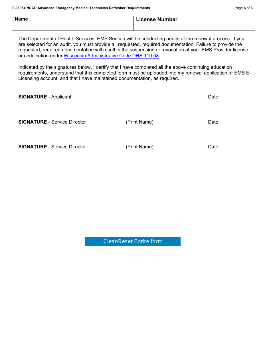 Form F-01954 Wisconsin EMS Training Record Nccp Aemt Refresher Requirements - Wisconsin, Page 6