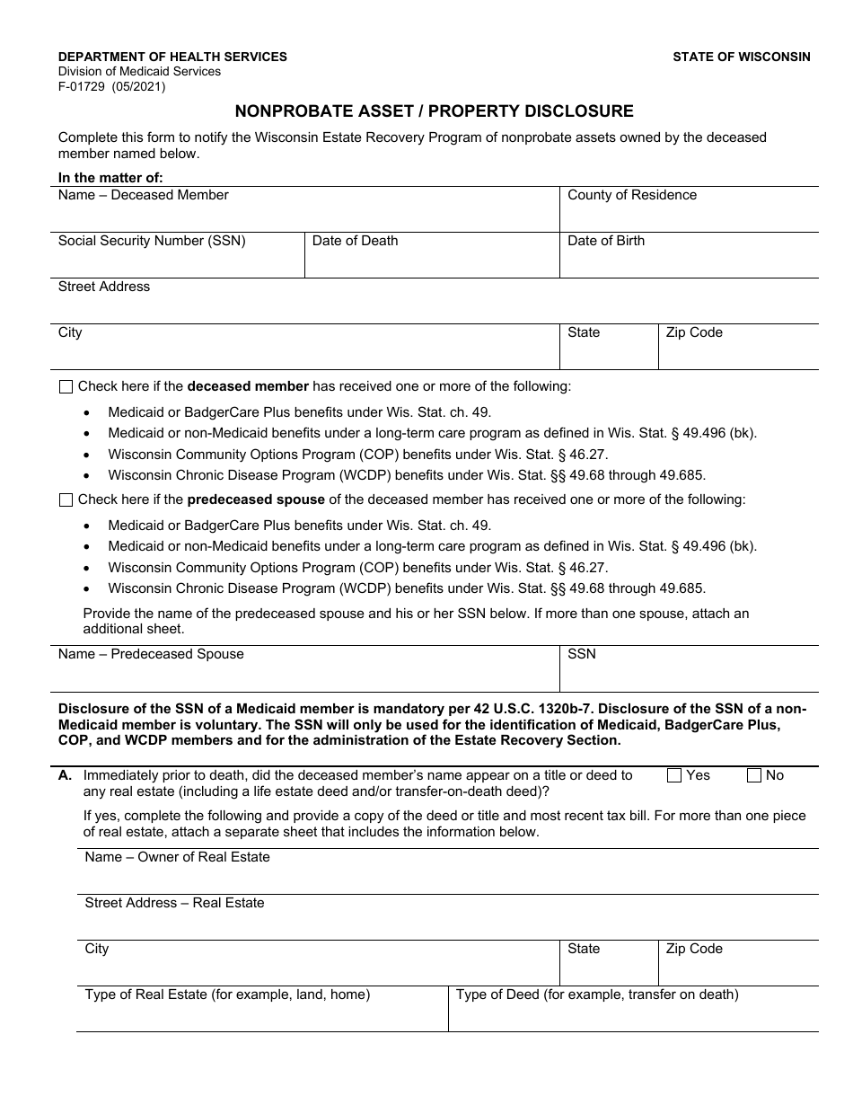 Form F-01729 Nonprobate Asset / Property Disclosure - Wisconsin, Page 1