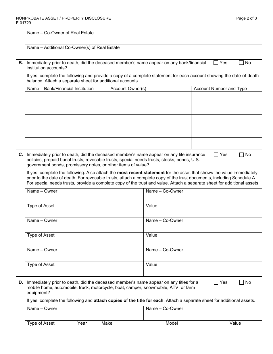 Form F-01729 Nonprobate Asset / Property Disclosure - Wisconsin, Page 2