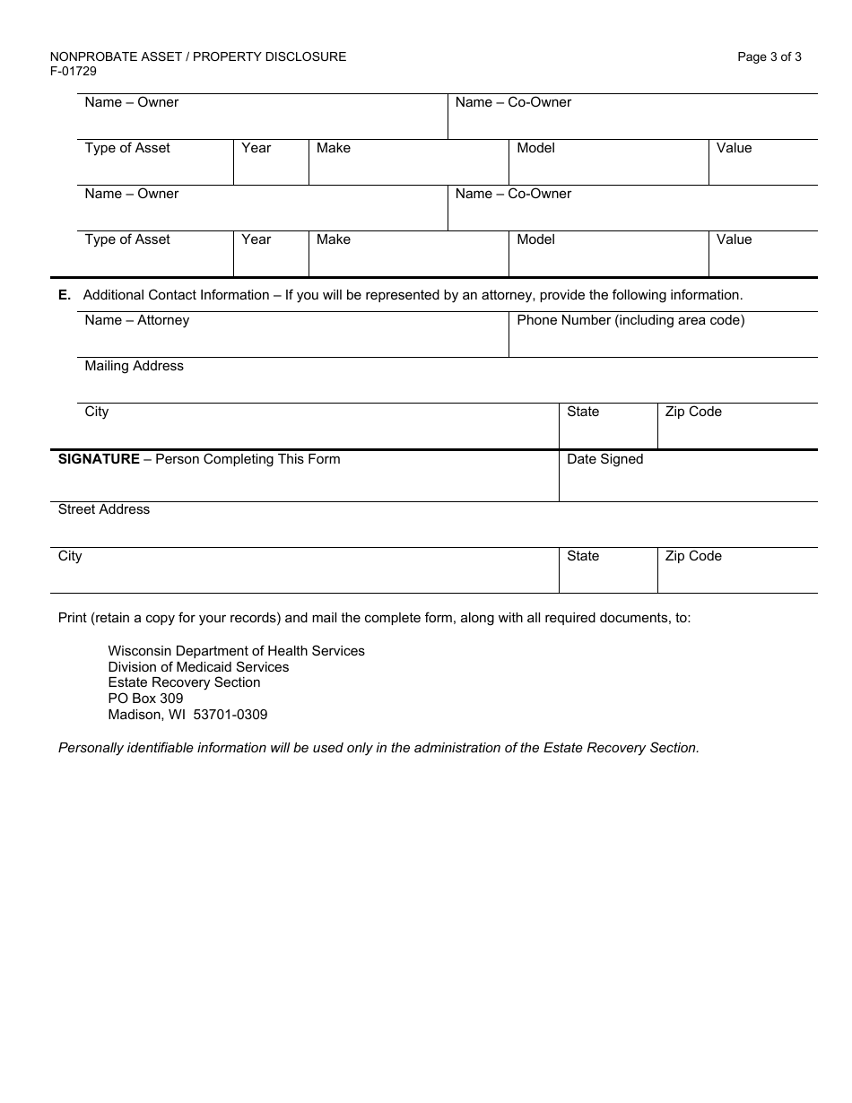 Form F-01729 Nonprobate Asset / Property Disclosure - Wisconsin, Page 3
