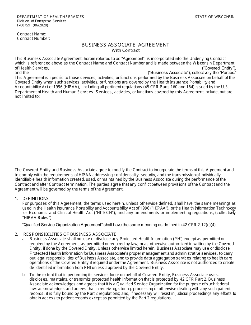 Form F-00759 Business Associate Agreement - With Contract - Wisconsin, Page 1